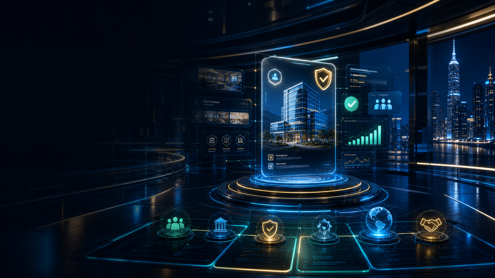 Futuristic digital headquarters showing a verified business profile, trust signals, product proof, and community indicators